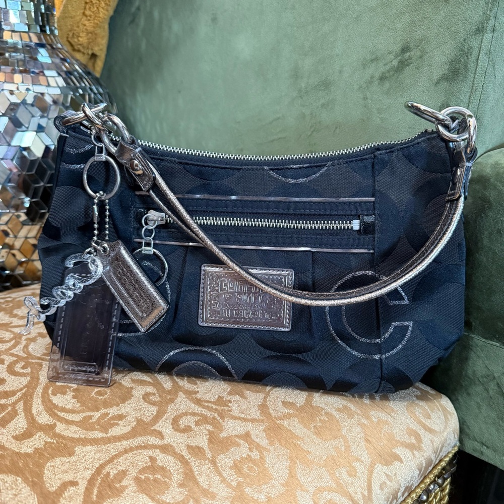 Coach Poppy Collection Black & Sliver Monogram Shoulder Bag